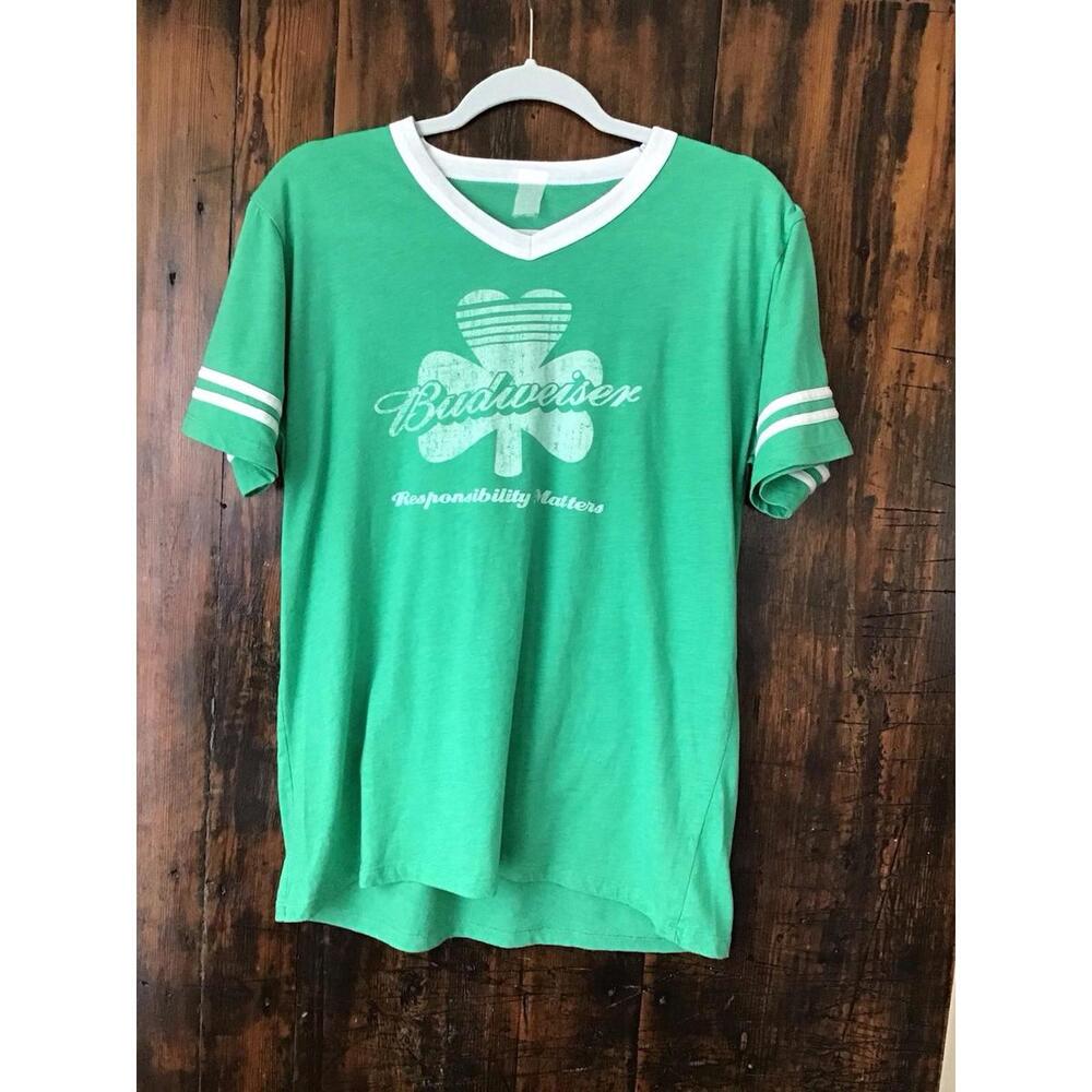 Rare Saint Patricks Day 1980’s Budweiser Vintage Ringer T-shirt Shamrock Sz M - Picture 1 of 5